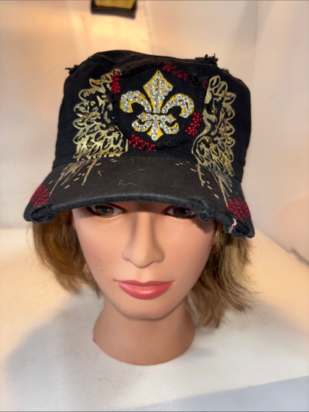 Leader Black distressed Military Style Fleur-de-Lis Cap with Gold Wing Accent